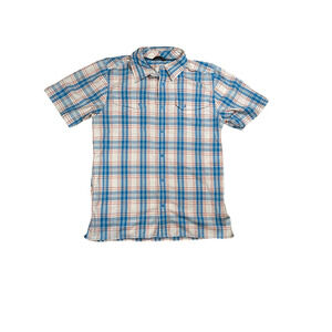 The North Face Mens Medium Short Sleeve Plaid Red Blue Button Up Outdoor Hike